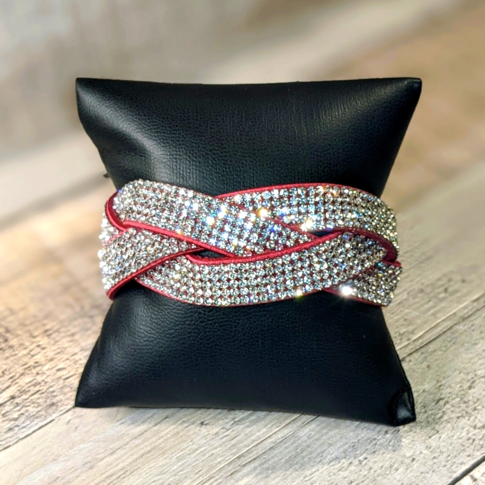 A15 New Bright Crystal Rhinestones Dark Pink Suede Braided Wrap Bracelet A15